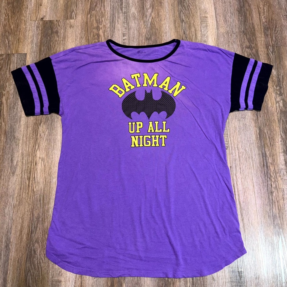 DC Comics Batman Up All Night Tee Shirt Womens Purple Round Neck Graphic Print